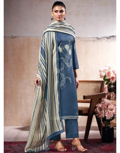 Blue Cotton Printed Embroidered Designer Suit For Women