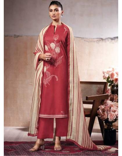 Red Cotton Printed Embroidered Designer Suit For Women
