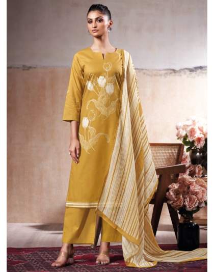 Mustard Yellow Cotton Printed Embroidered Designer Suit For Women