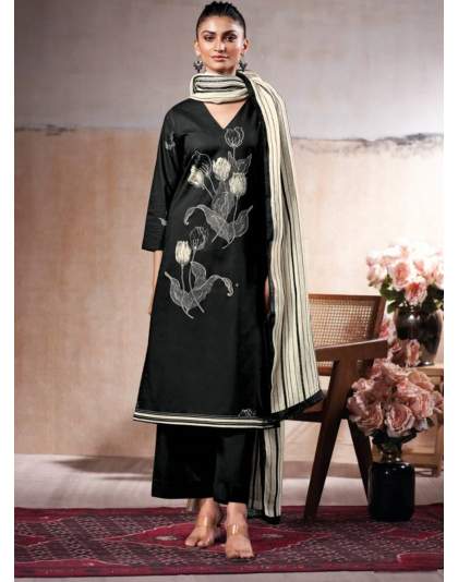 Black Cotton Printed Embroidered Designer Suit For Women