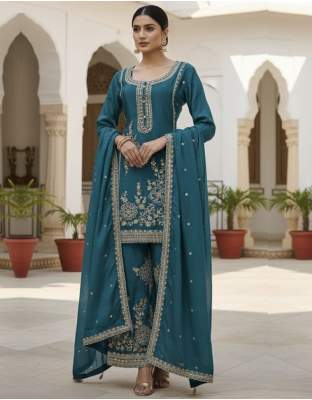 Graceful Pure Chinnon Teal Color Sharara Suit with Pure Chinnon Duppata