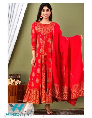 Stylish Women's and Girls Cotton  Printed Anarkali gown with dupatta (red)