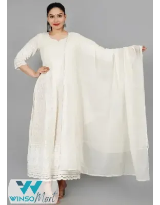Doriyaan women's plus size festive wear ethnic chikankari embroidery Anarkali kurta with Dupatta
