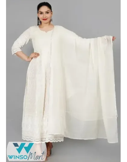 Doriyaan women's plus size festive wear ethnic chikankari embroidery Anarkali kurta with Dupatta