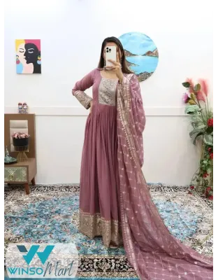 Fox Georgette Embroidered Party Gown with Sequins, Cording, and Matching Dupatta