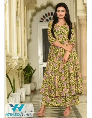 muslin Digital Print Full Flared Gown with Full Wide Palazzo