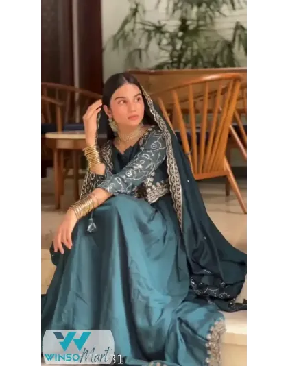 SCCREATION WOMEN's TRENDING DESIGNER VICHITRA SILK SEQUENCE EMBROIDERED WORK TOP ATTACHED KOTI AND DUPATTA