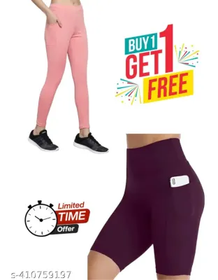 (DKF) Women's Pack of 1 pink Solid Tights and 1 capri free |Activewear|Yogawear|Gymwear|Sportswear|Active Bottomwear (limited time) offer